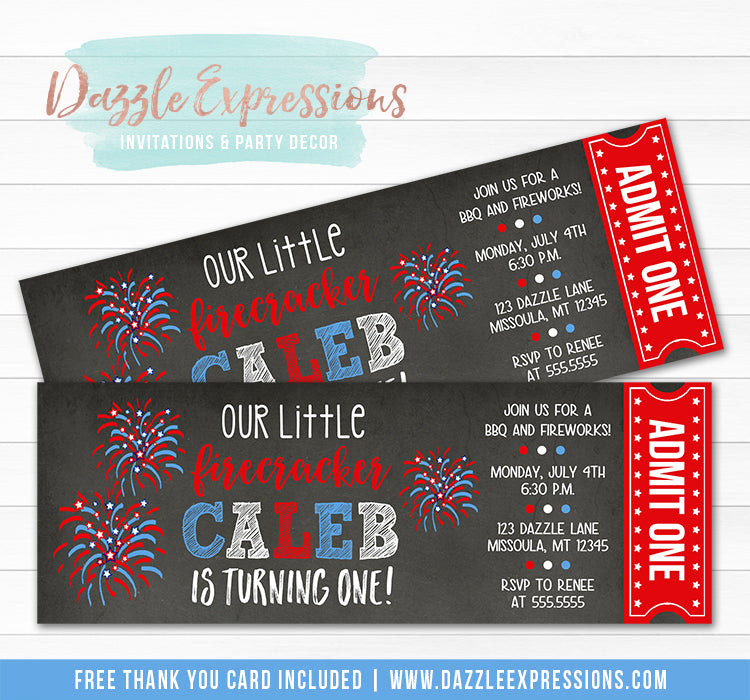 4th of July Ticket Invitation 2 - FREE thank you card included