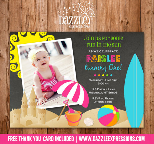 Beach Party Chalkboard Invitation 2 - FREE thank you card included