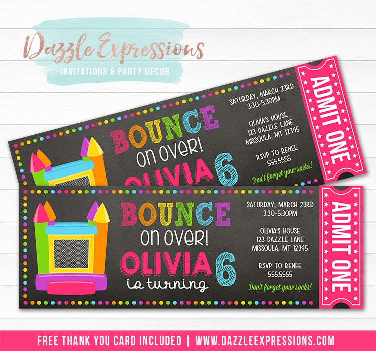 Bounce House Chalkboard Ticket Invitation 2 - FREE thank you card included