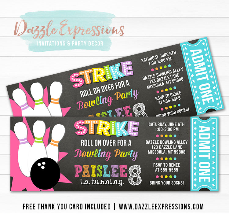 Bowling Chalkboard Ticket Invitation 4 - FREE thank you card included