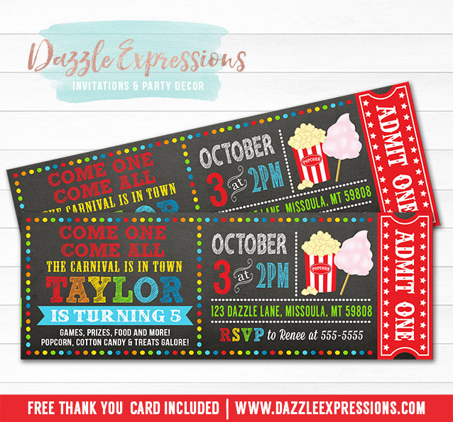 Carnival Chalkboard Ticket Invitation 1 - FREE thank you card – Dazzle  Expressions