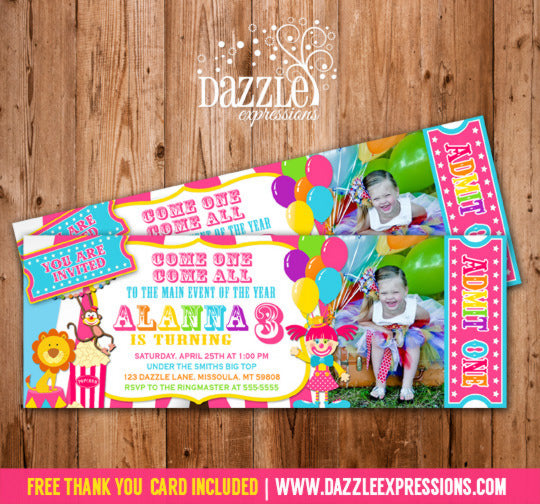 Girl Circus Ticket Birthday Invitation - FREE thank you card included