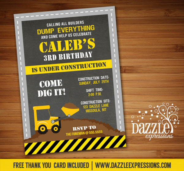 Construction Chalkboard Birthday Invitation - FREE thank you card included
