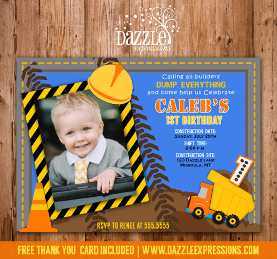 Construction Birthday Invitation - Thank You Card Included