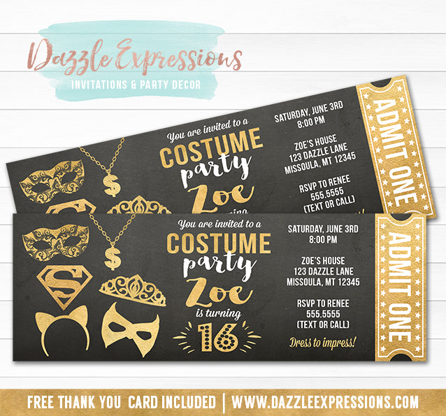 Costume Party Ticket Invitation 3 - FREE thank you card