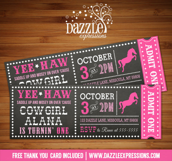 Cowgirl Chalkboard Ticket Birthday Invitation - FREE thank you card included