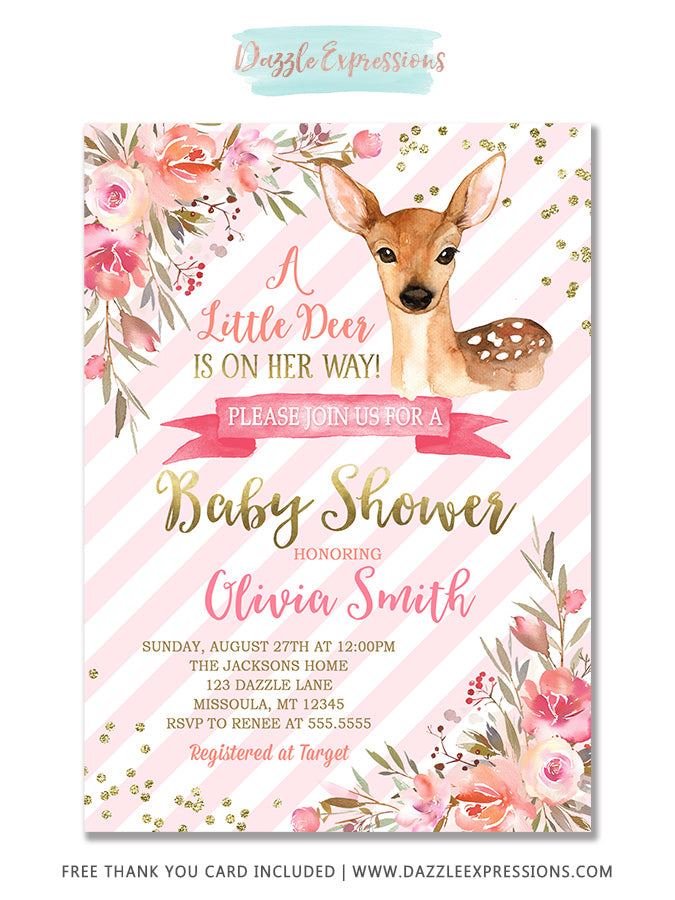 Deer Floral Baby Shower Invitation - FREE thank you card included