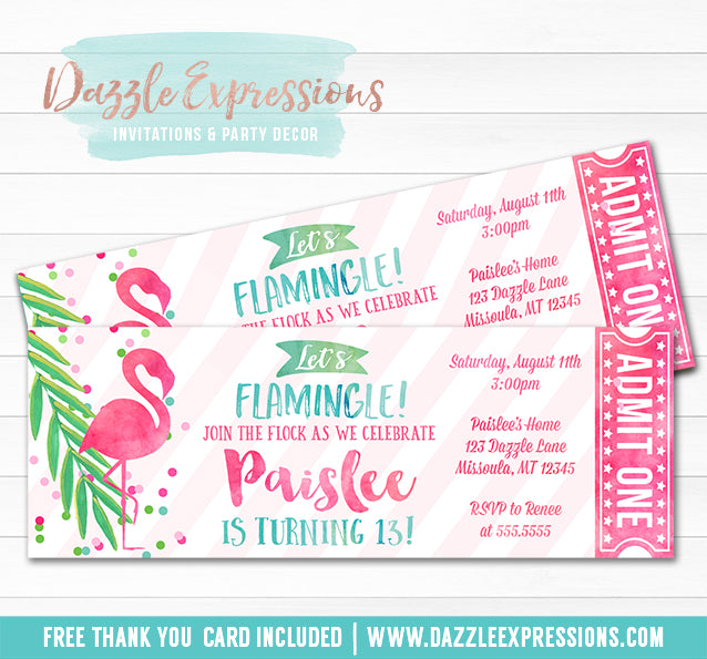 Flamingo Ticket Invitation 3 - FREE thank you card included