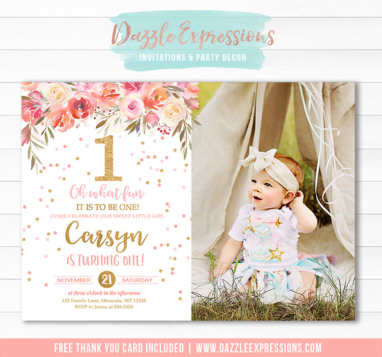Floral 1st Birthday Invitation - FREE thank you card