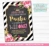 Floral and Gold Chalkboard Wild One Birthday Invitation 1 - FREE thank you card