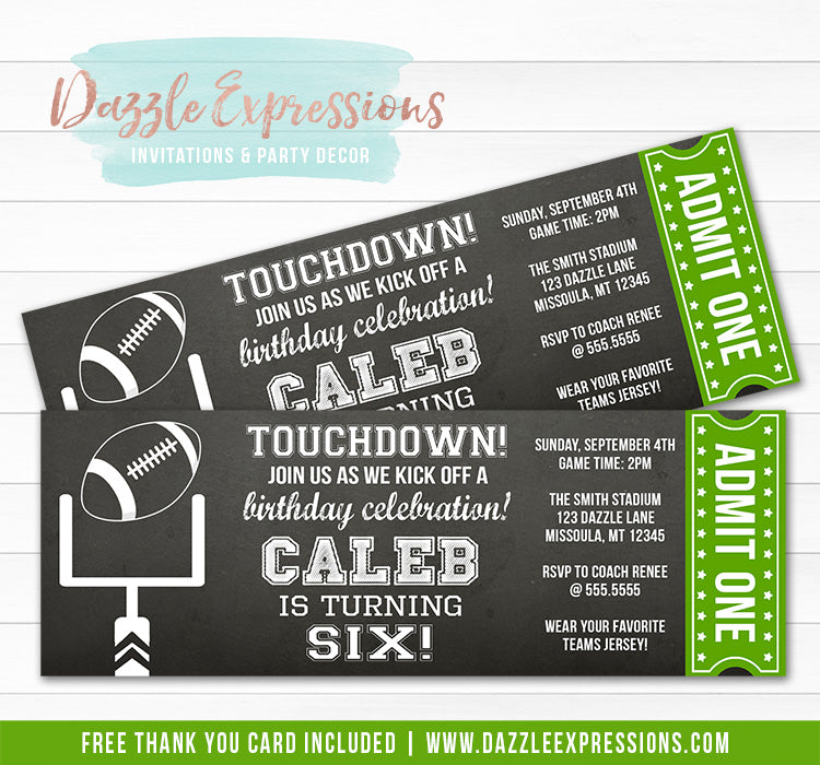 Football Chalkboard Ticket Invitation - FREE thank you card included