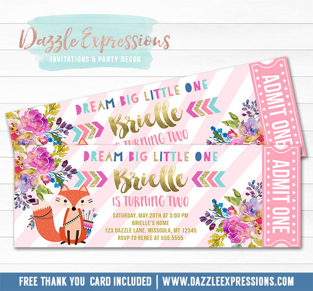 Tribal and Floral Fox Ticket Invitation - FREE thank you card included