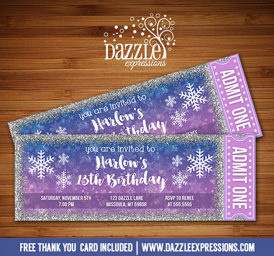 Winter Glitter Ticket Invitation 2 - FREE thank you card included
