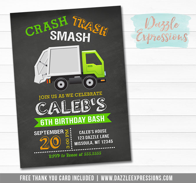 Garbage Truck Chalkboard Invitation 1 - FREE thank you card