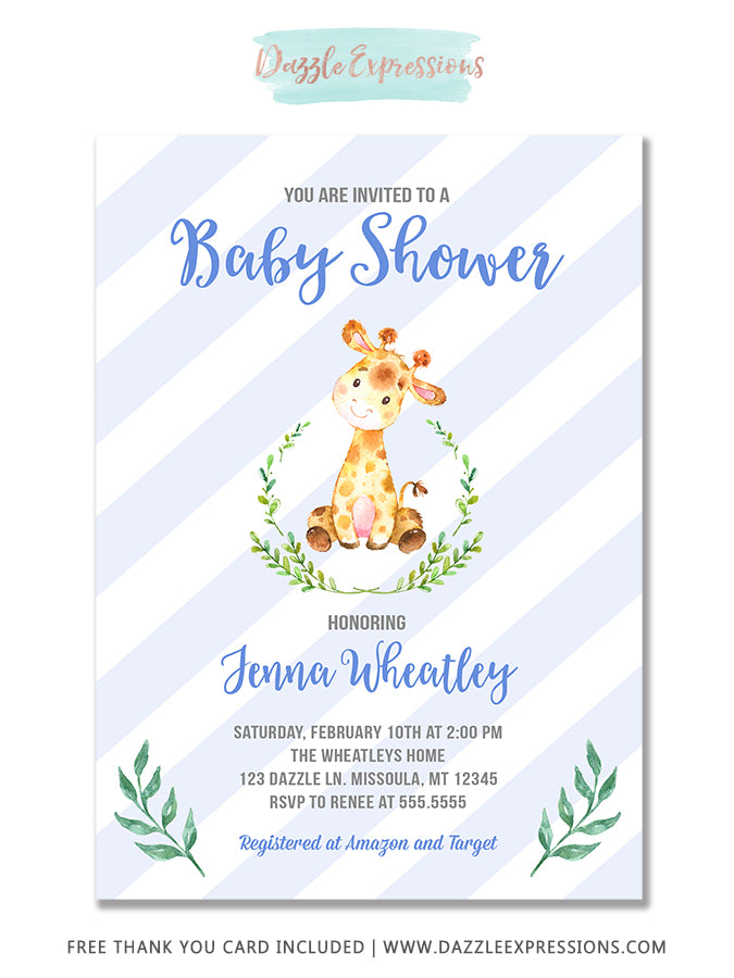 Baby Giraffe Watercolor Baby Shower Invitation 2 - FREE thank you card