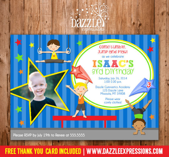 Gymnastics Boy Birthday Invitation - FREE thank you card