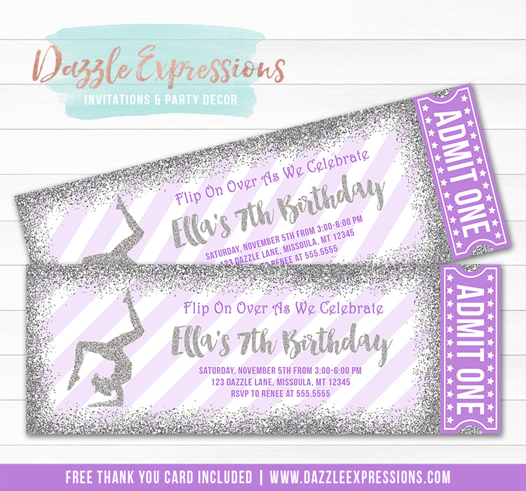 Gymnastics Glitter Ticket Invitation 3 - FREE thank you card