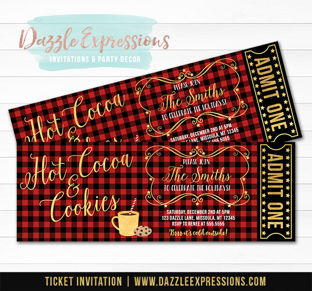 Hot Cocoa and Cookies Plaid Holiday Party Ticket Invitation