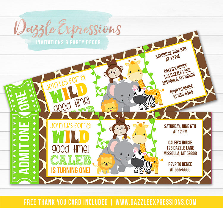 Jungle Ticket Birthday Invitation - FREE thank you card included