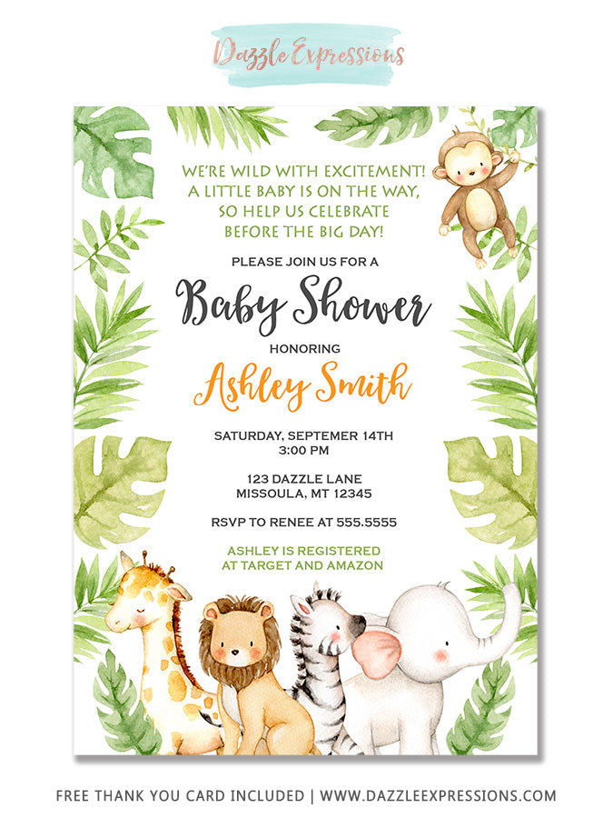 Jungle Watercolor Baby Shower Invitation 2 - FREE Thank you card
