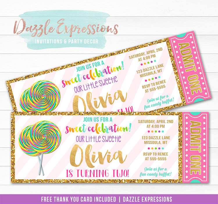 Lollipop with Gold Ticket Invitation - FREE thank you card