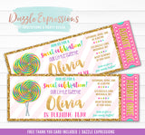 Lollipop with Gold Ticket Invitation - FREE thank you card