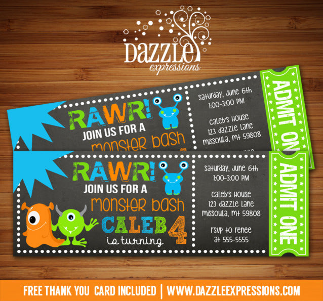 Monster Chalkboard Ticket Invitation - FREE thank you card included