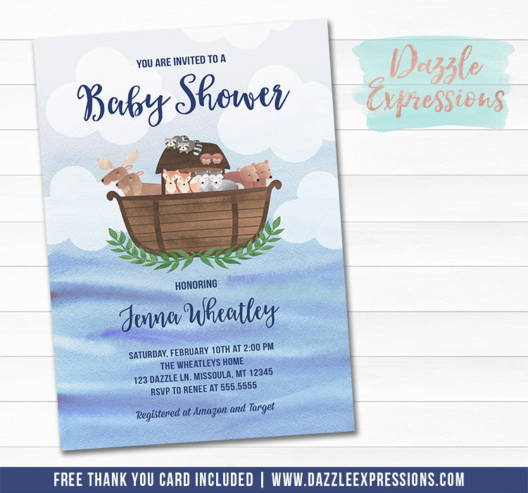 Noah's Ark Watercolor Baby Shower Invitation - FREE thank you card