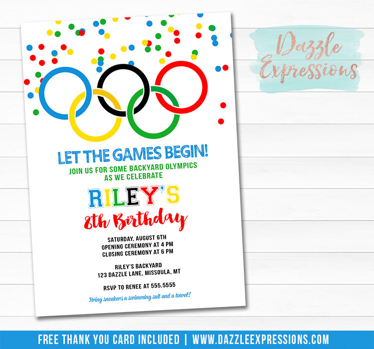 Olympic Games Invitation - FREE thank you card included