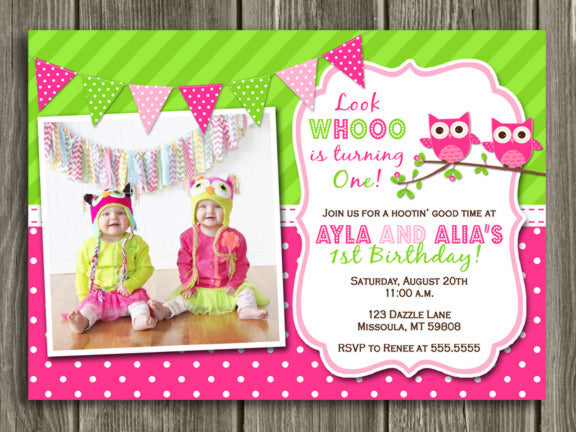 Pink and Green Owl Invitation - Twins - Thank You Card Included