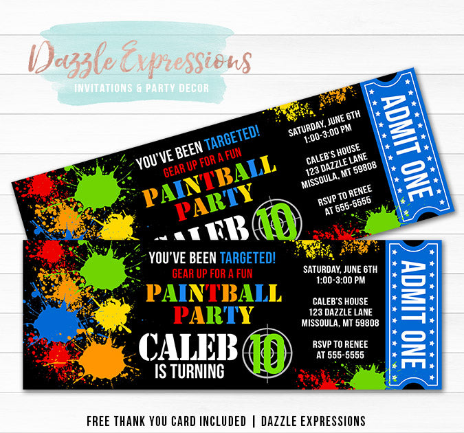 Paintball Ticket Invitation 1 - FREE thank you card
