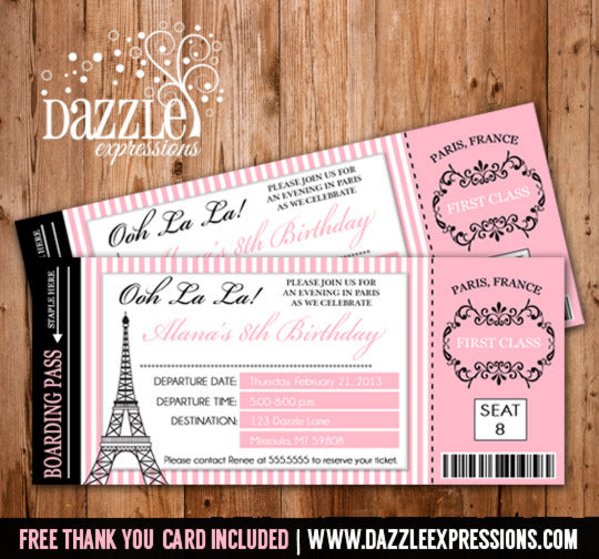 Paris Boarding Pass Birthday Invitation 1 - FREE thank you card included