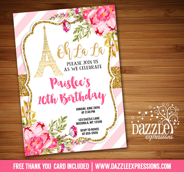 Paris Floral and Gold Invitation 3 - FREE thank you card included