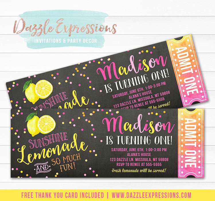 Pink Lemonade Chalkboard Ticket Invitation 2 - FREE thank you card included