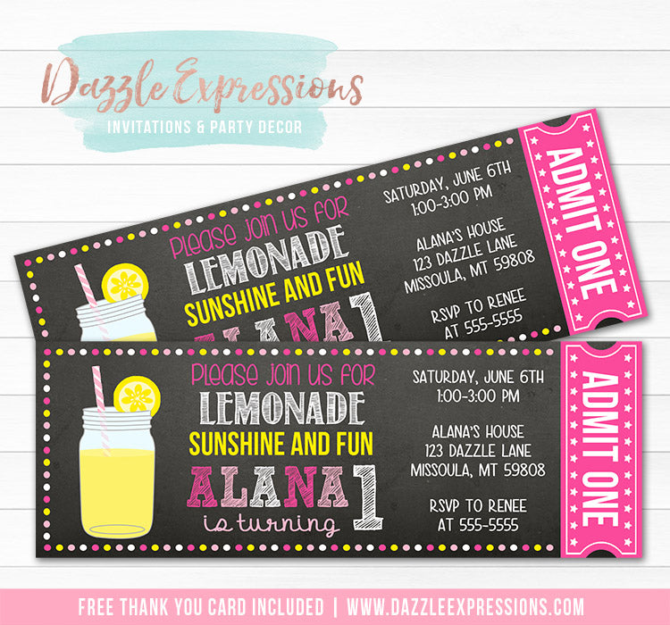Pink Lemonade Chalkboard Ticket Invitation 1 - FREE thank you card included