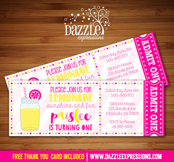 Pink Lemonade Ticket Invitation 1 - FREE thank you card