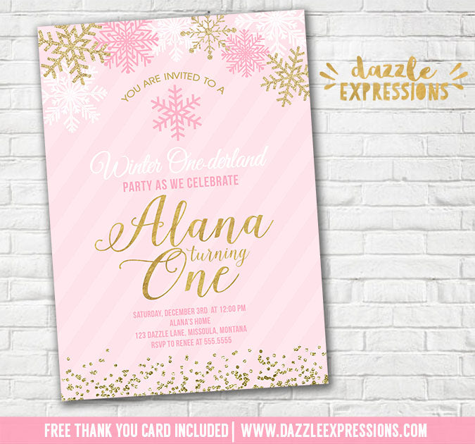 Pink and Gold Snowflake Invitation 6 - FREE thank you card included