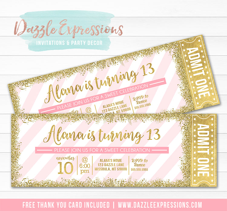 Pink and Gold Glitter Ticket Invitation 1 - FREE thank you card included