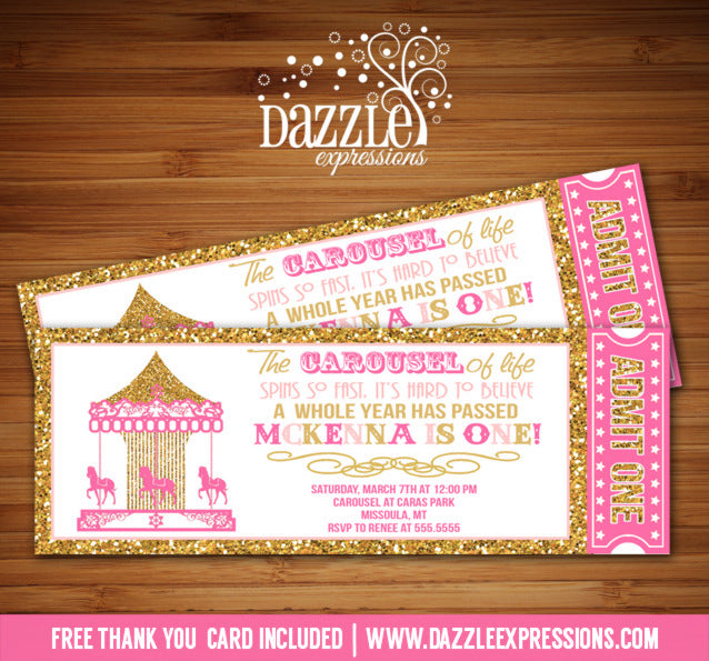 Carousel Ticket Invitation 10 - FREE Thank You Card Included