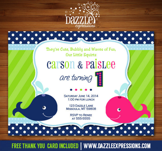 Preppy Whale Twin Birthday Invitation - FREE thank you card included