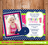 Preppy Whale Girl Birthday Invitation - FREE thank you card