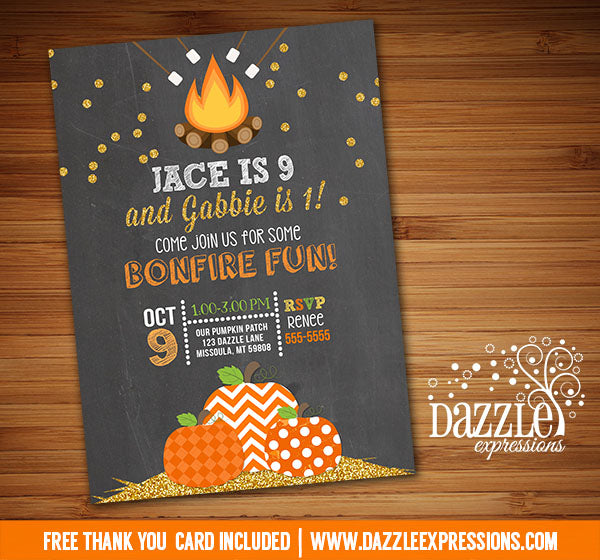 Glitter Pumpkin Bonfire Double Party Invitation - FREE thank you card included