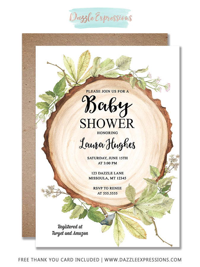 Rustic Woodland Baby Shower Invitation - FREE thank you card