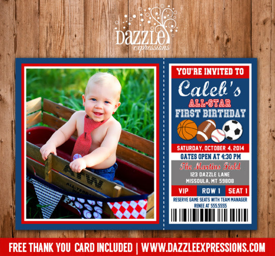 Sports Ticket Birthday Invitation 2 - FREE thank you card included