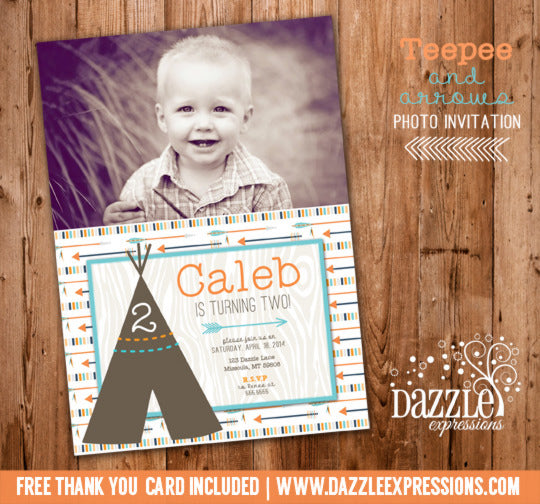 Modern Teepee and Arrows Birthday Photo Invitation - FREE thank you card included