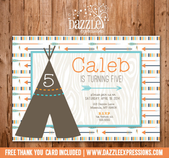 Modern Teepee and Arrows Birthday Invitation - FREE thank you card included