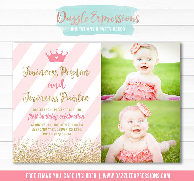 Twincess Birthday Invitation 1 - FREE thank you card included