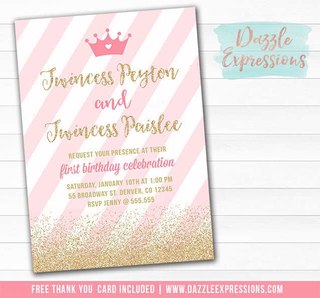 Twincess Birthday Invitation 2 - FREE thank you card included