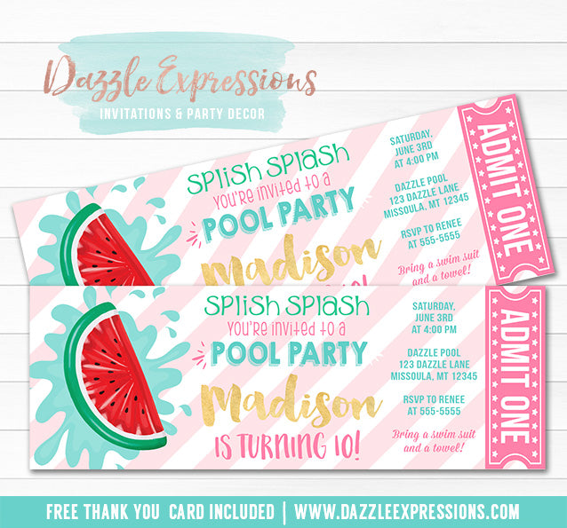 Watermelon Float Ticket Invitation - FREE thank you card