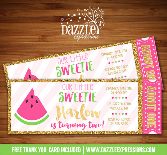 Watermelon and Gold Glitter Ticket Invitation - FREE thank you card
